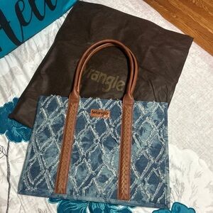 Wrangler Blue and Brown Tote Bag with Leather Handles